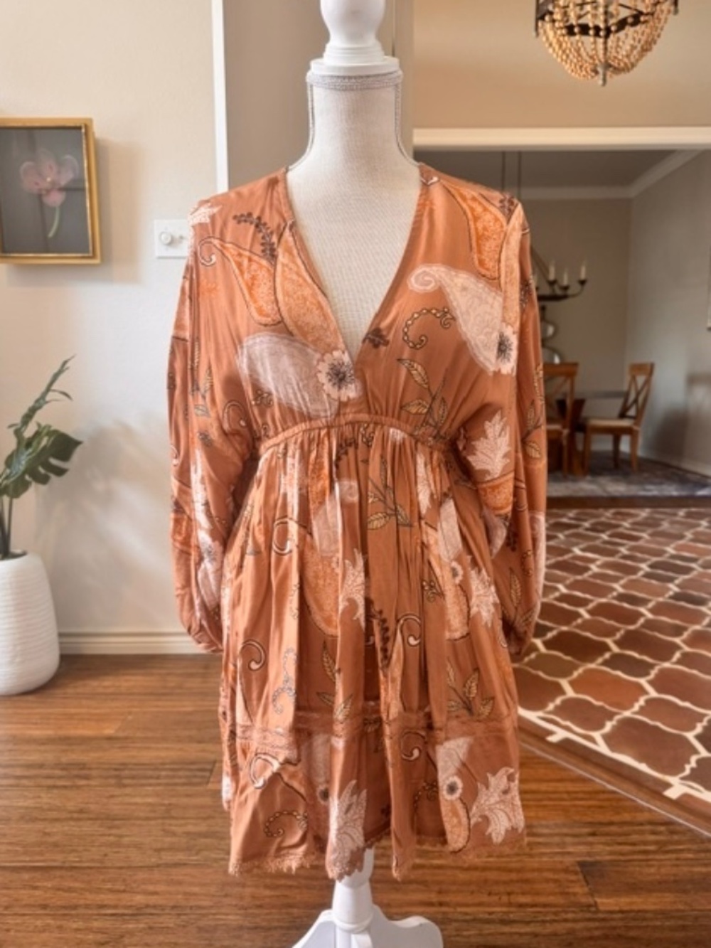 Z & L Boutique - Paisley Boho brown tan rust blue - Lace Up Tassel Mini Dress SM